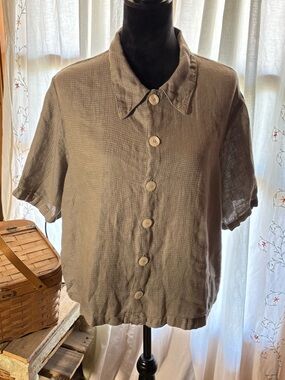 CP Shades Sausalito Boxy Cropped Top 100% Linen Sage Lagenlook Oversized Sz S